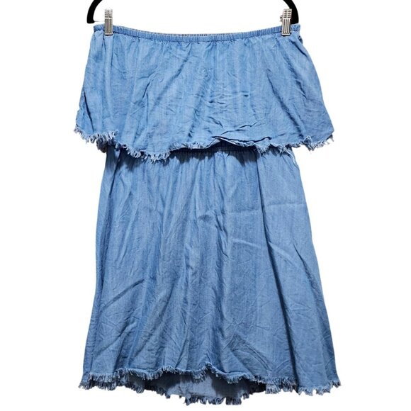 Elan Off-Shoulder Denim Tencel Dress With Frayed Hemline Women's Size M - Picture 2 of 10
